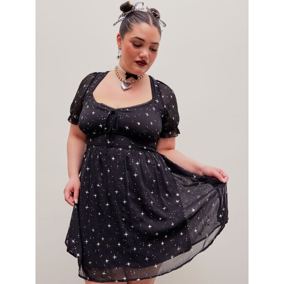 Cider Womens Starry Night Dress 1XL Black Sheer Short Sleeve Empire Waist - Picture 2 of 14